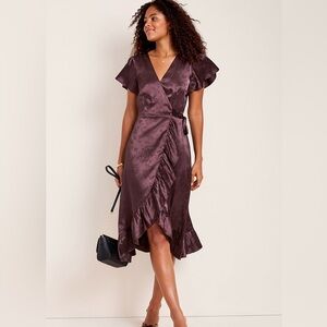 Francesca's Collections Satin Ruffle Wrap Dress in Plum